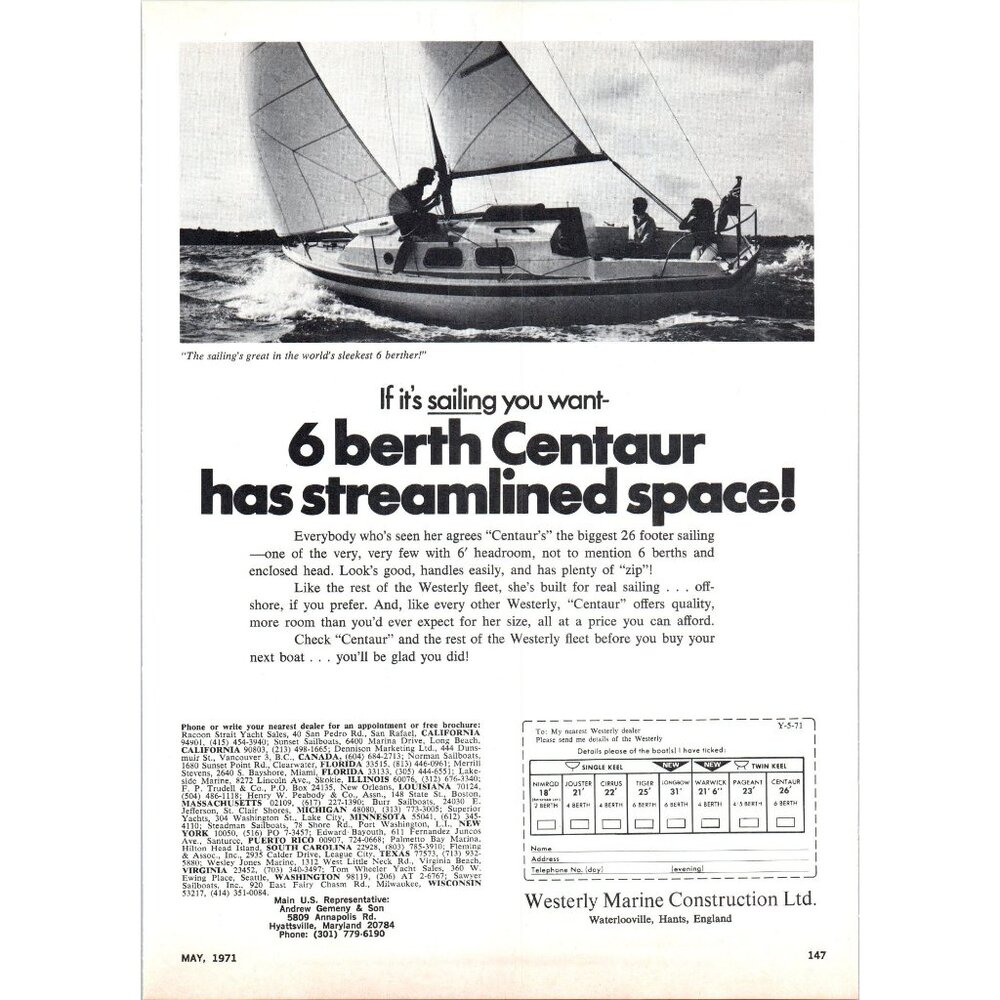 1971 Westerly Marine Centaur 26 Sailboat Vintage Print Ad Yachting 70s Wall Art